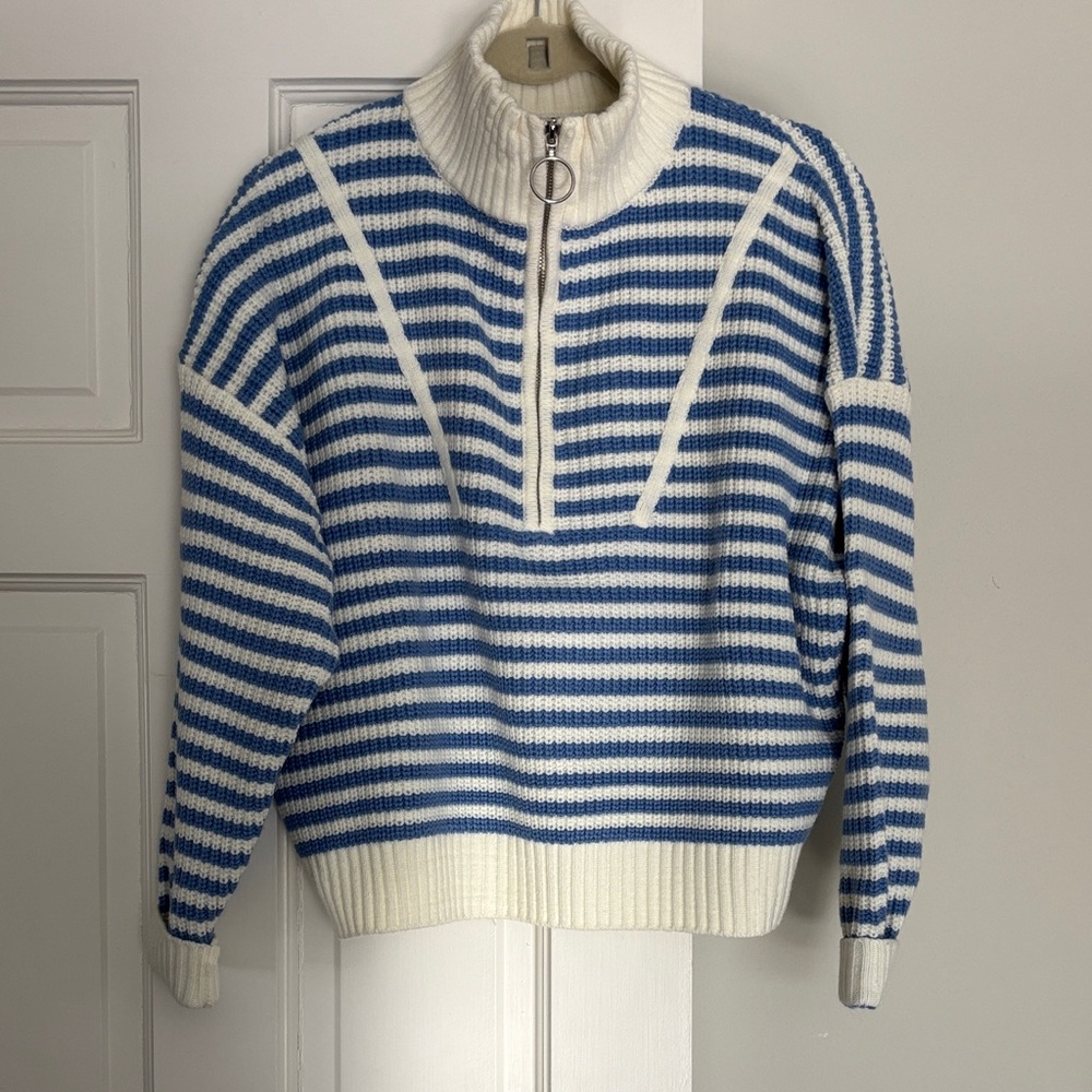Striped Blue and White Turtleneck Sweater